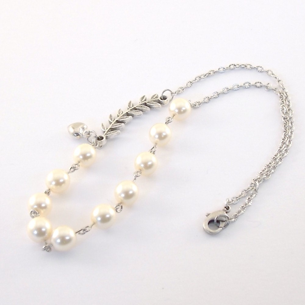 Champagne Pearl Necklace Glass Pearls Silver Leave Heart Beaded Choker