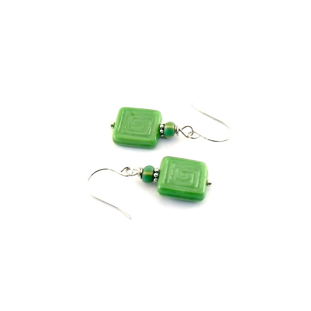 Lime Green Earrings Czech Glass African Stripe Small Silver Beaded Drop