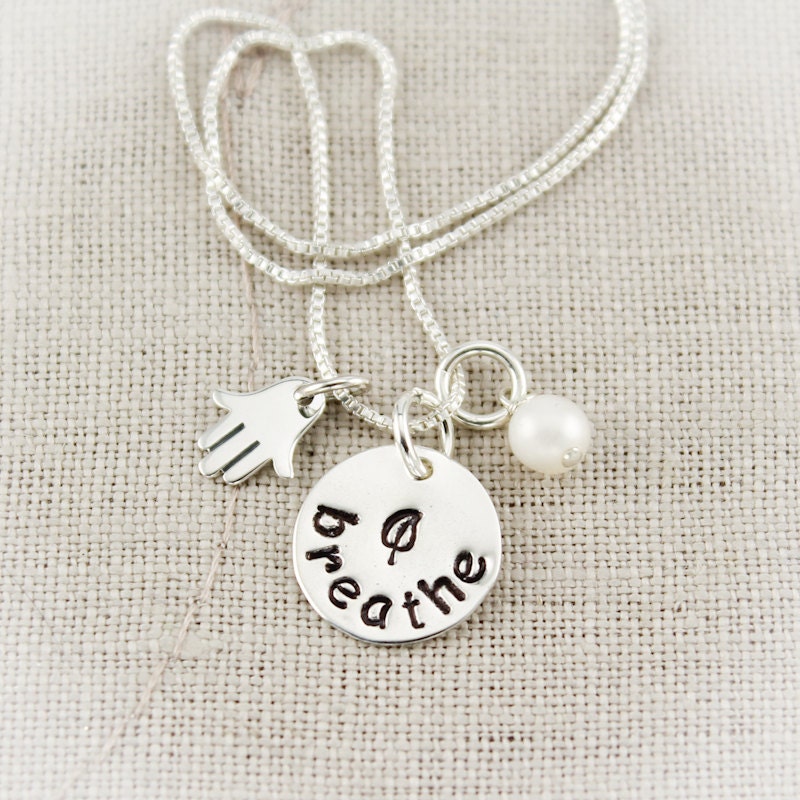 BREATHE Charm Necklace Sterling Silver Hand Stamped Personalized with HAMSA HAND charm and Pearl