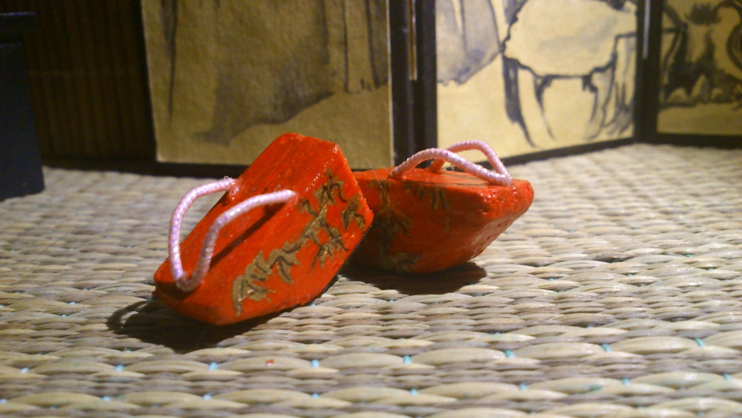 Pair of miniature dollhouse geisha shoes, pokkuri shoes. Bamboo forest