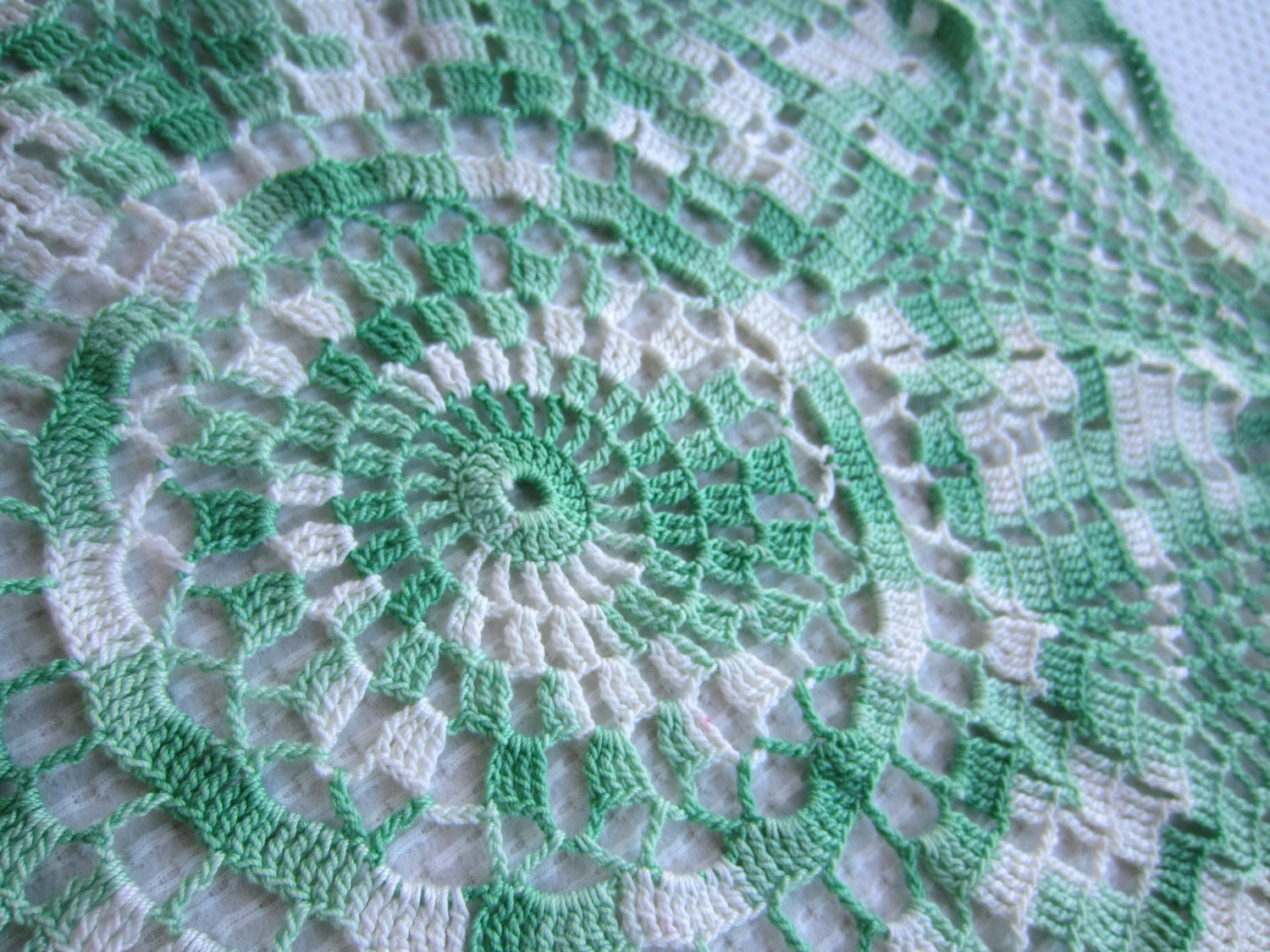 Vintage Green and White Crochet Lace Table Doily