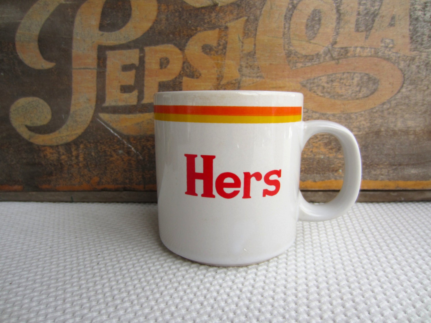 Vintage Hers Mug Red Lettering Orange and Yellow Band