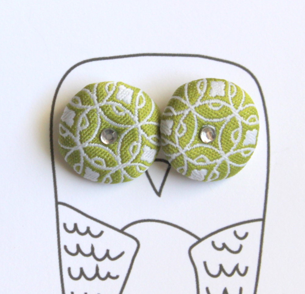 Lovely Button Earrings in Sage and White by Uptown Avenue