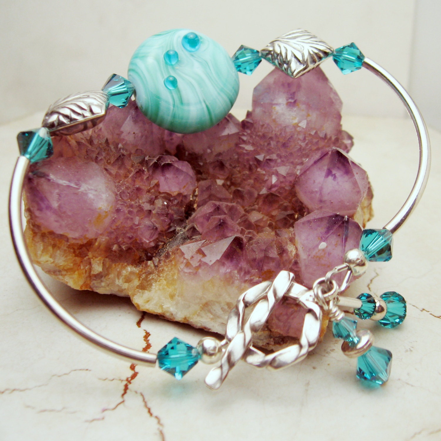 Lampwork Bracelet Aqua Turquoise Sterling Silver Bangle Beaded Jewelry 'Carribean Sea'