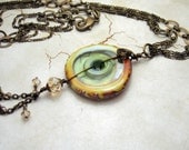 Lampwork Necklace - Iridescent Green Gold Topaz - Antique Brass Chain - Beaded Jewelry 'Spring Dreams'
