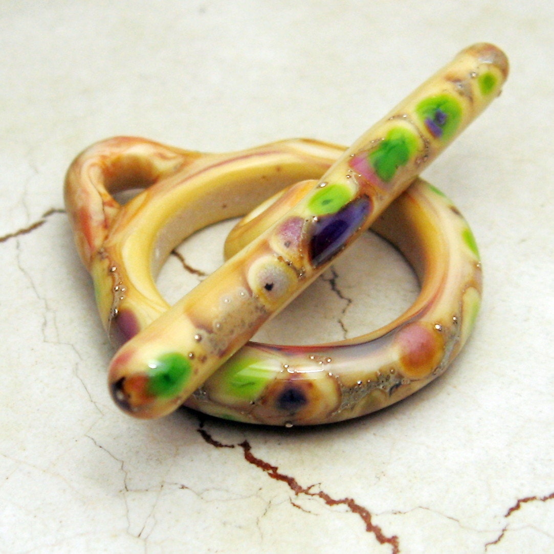 Handmade Lampwork Glass Toggle Clasp Rustic Green Purple Yellow