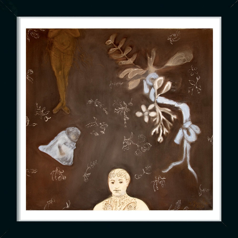 Art Print Giclee, abstract, brown, blue, gray white 8x11 characters, girls flowers modern wall art