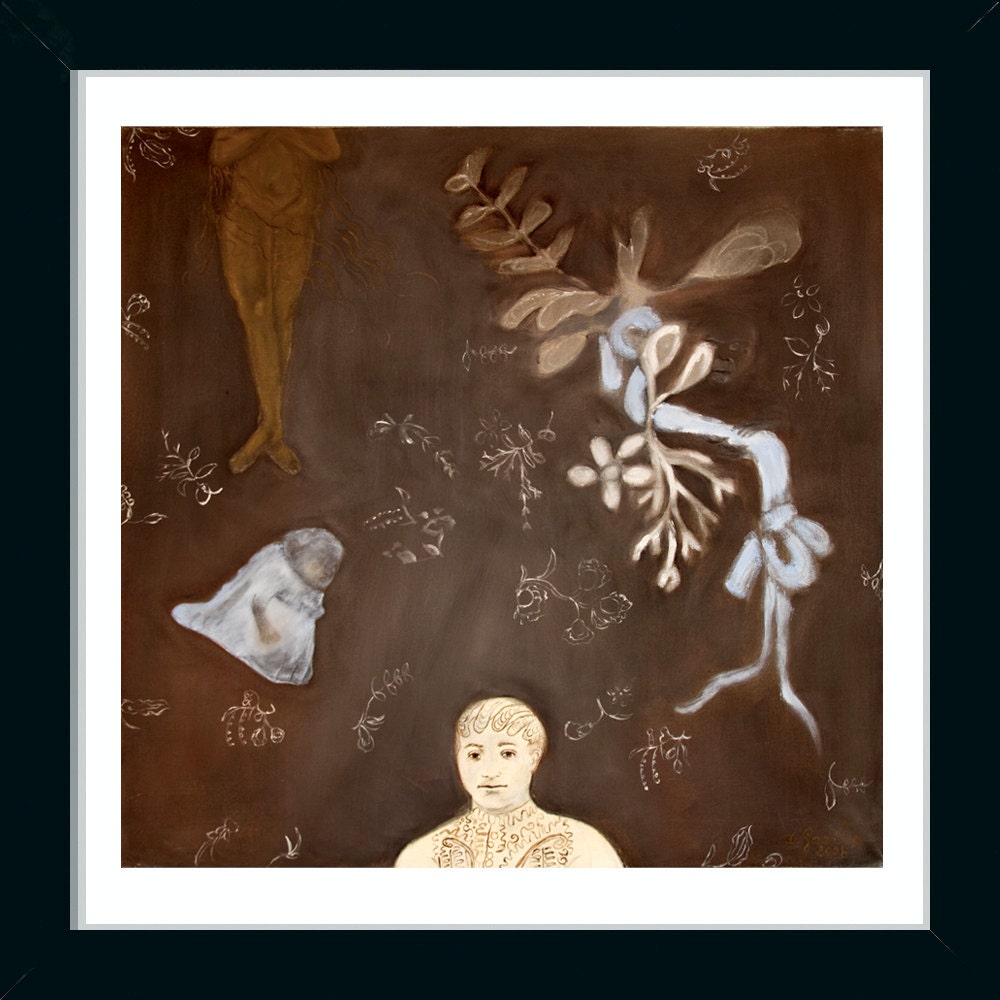 Art Print Giclee, abstract, brown, blue, gray white 6x6 characters, girls flowers modern wall art