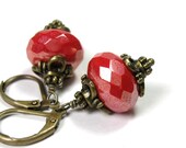 Victorian Style Earrings, Coral Red Antiqued Brass Dangle Earrings, Gifts for Her, Gifts for Mom, Fashion Jewelry, Czech Glass