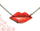 On SALE Today. Lips Necklace. Red Painted Wood Lips with Lip Ring. Brass Chain. OOAK Pop Art Necklace. Statement Necklace