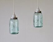 Pair of Antique Aqua Blue BALL Mason Jar Hanging Lighting Fixtures - 2 Upcycled Pendant Lamps - BootsNGus Lights