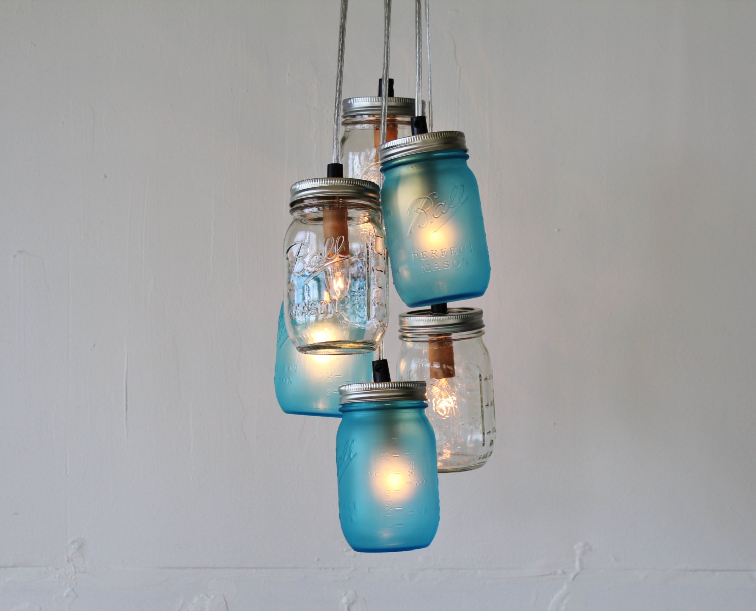 Lake Fog Mason Jar Chandelier Featuring 3 Frosted Blue & 3 Clear Jars - Direct Hardwire Hanging Lighting Fixture - BootsNGus Lamps