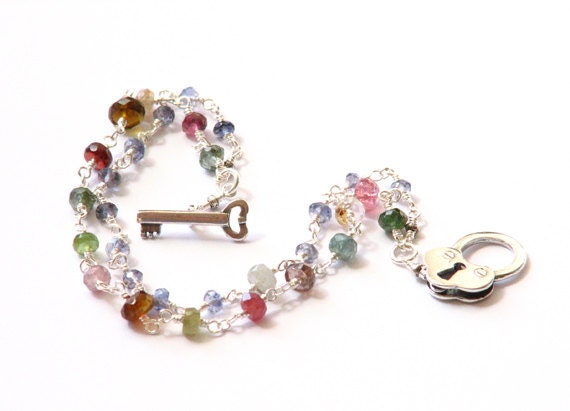 Key to my Heart wire wrapped multi color beadwork bracelet- multi strand gemstone sterling silver friendship bracelet- delicate- spring love