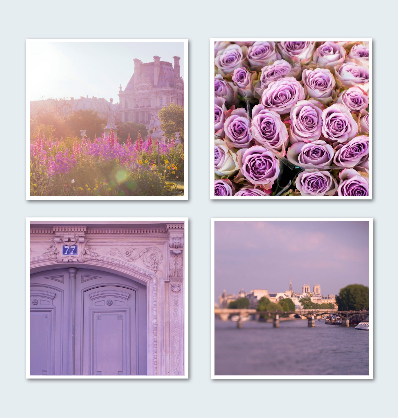 Paris Photography Set - Roses, The Louvre, The Seine, Four 5 x 5 Fine Art Photographs, Lavender Morning, Wall Decor