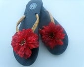 Red Dahlia Flower and Gold Satin Flip Flops Beach Wear Wedding Flip Flops Adult Flip Flops Teen Flip Flops