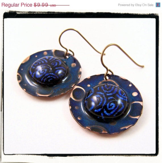 ON SALE 046 Blue Swirl Dichroic Fused Glass Earrings with Brass Etched Painted Discs