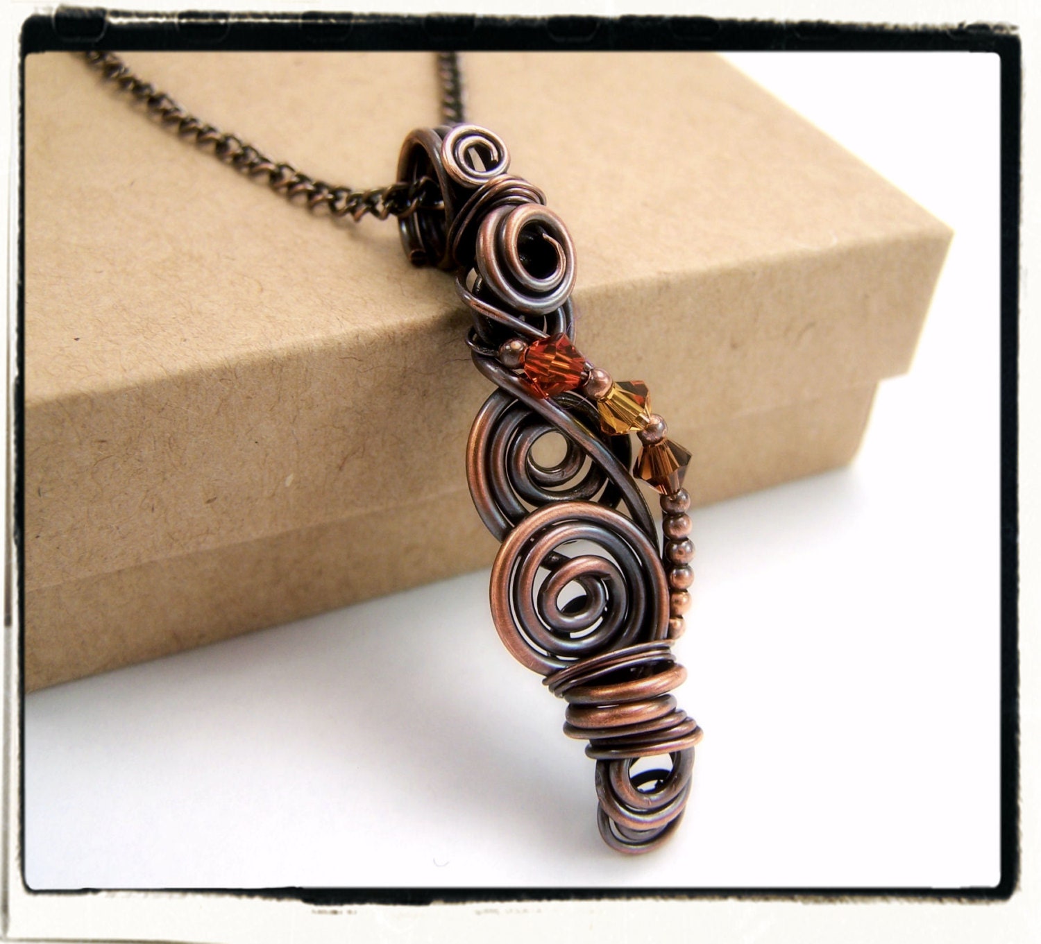 039 Spiral Faerie Dreams Autumn Swarovski Crystal Wire Wrapped Copper Pendant