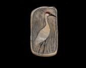 Sandhill Crane Pendant. Ink Drawing on Polymer Clay. Soft Grey, Beige, Black and Red. 2989