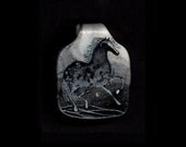 Another Dark Grey Horse Pendant. Original Ink Drawing on Polymer Clay. Black, White and Silver 3110