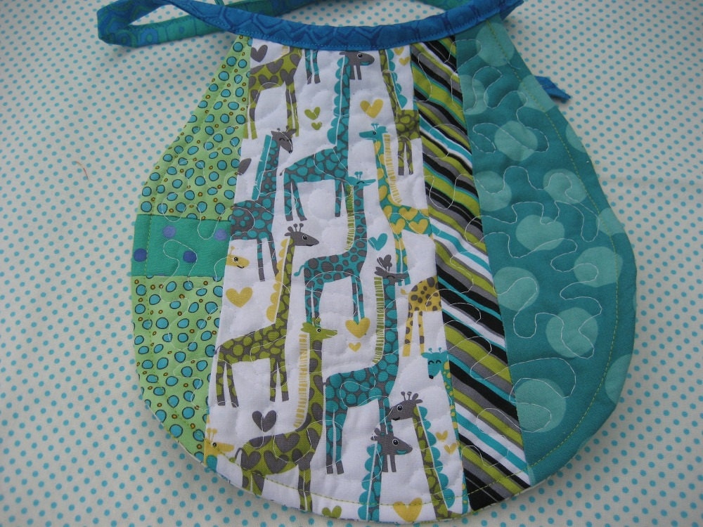 Cute blue and green giraffe reversible quilted baby bib