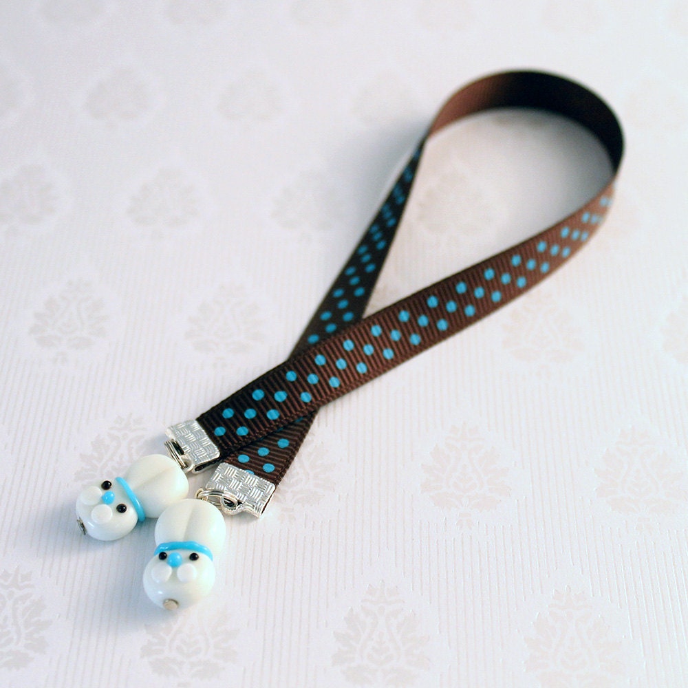 Ribbon Bookmark - Lampwork Bunny Beads, Blue Polka Dots