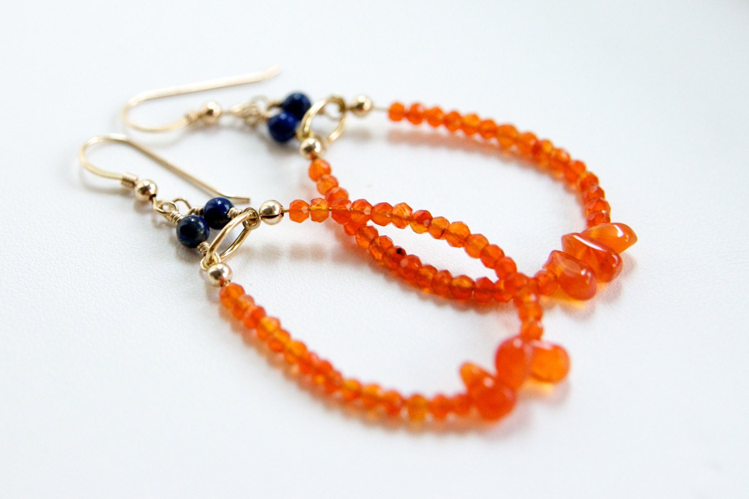 Gold Filled Carnelian and Lapis Beaded Hoop Earrings
