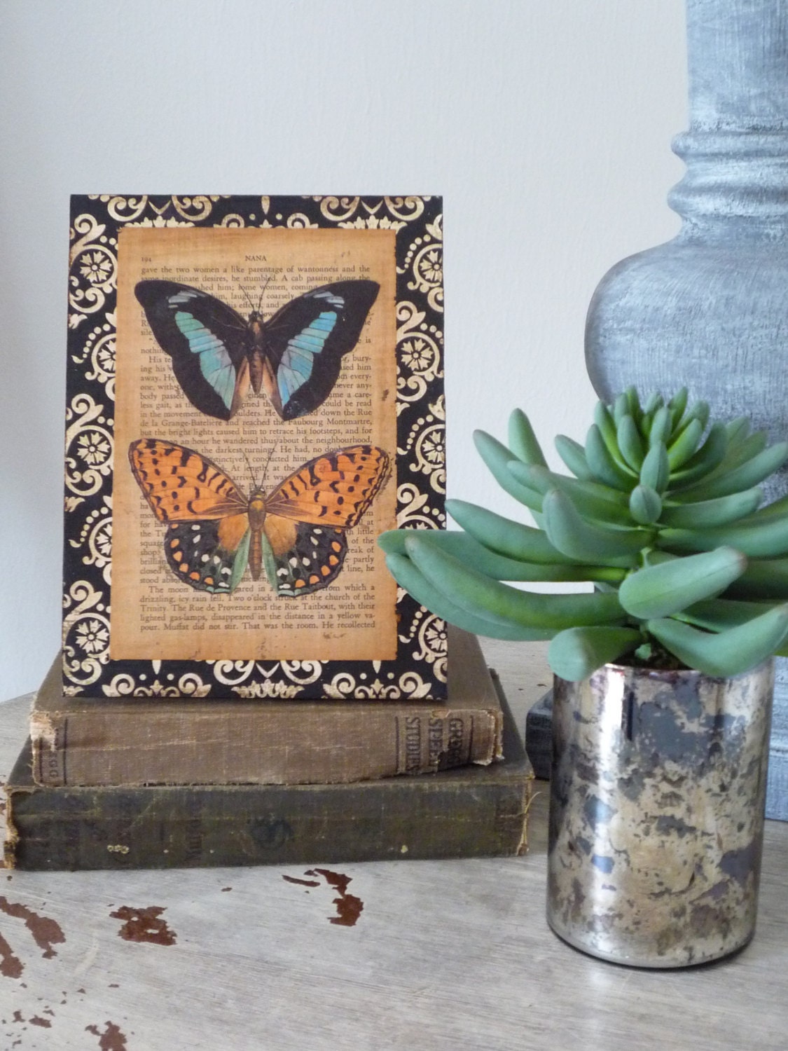 decoupage butterfly book page collage frame cottage home decor wall hanging floral orange