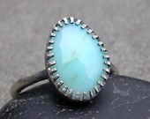Blue Peruvian Opal Ring. Rose Cut Opal, Sterling Silver, Fancy Bezel, Hand Made.  US Size 6