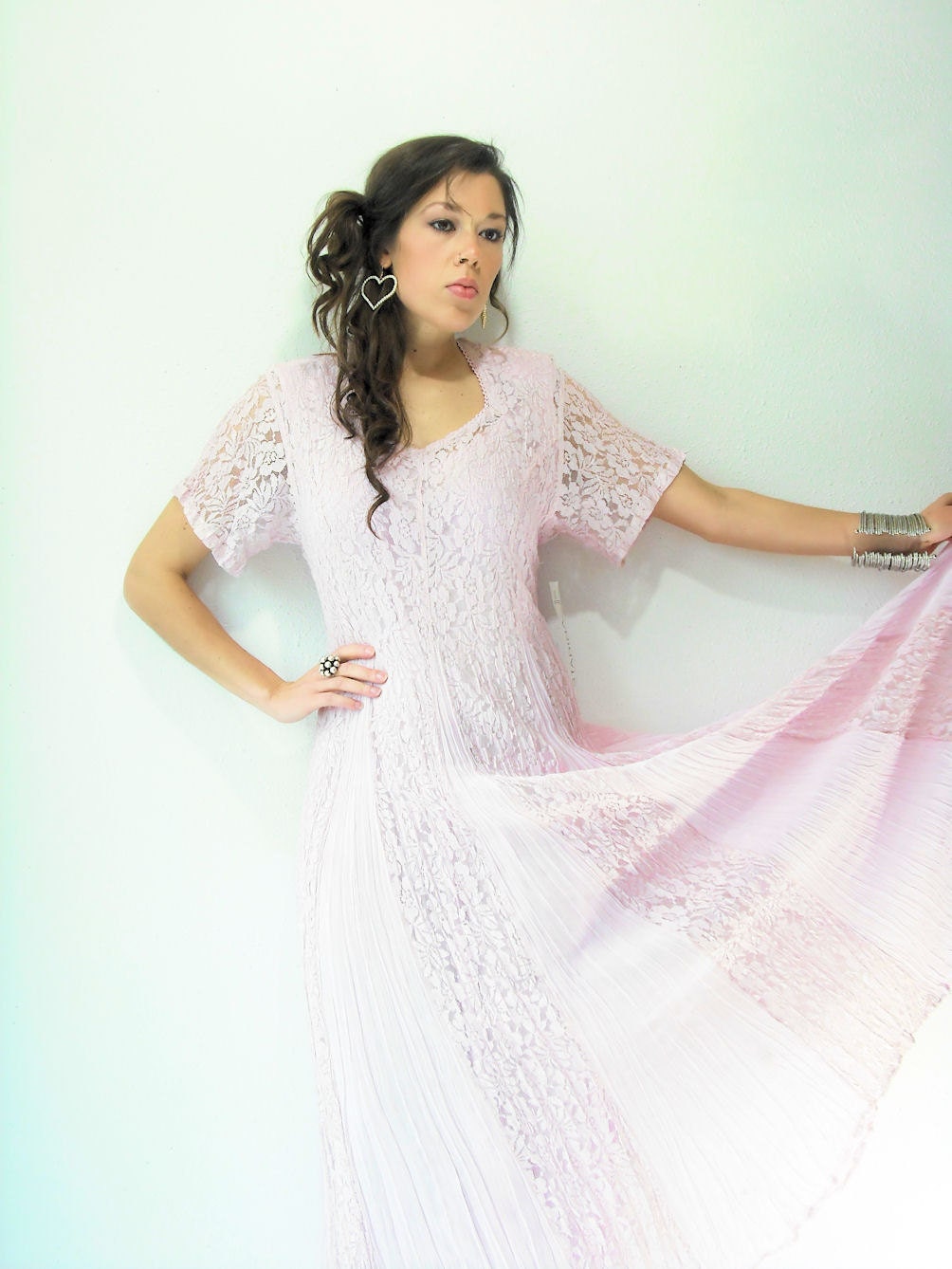 NOS 80's Vintage Blush Pink Lace GYPSY Draped Dress / Crinkle Rayon Gauze / Corset Back
