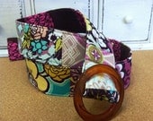 Purple and Pink floral pieced patchwork womens reversible belt tortoise shell buckle