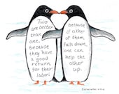 Two penguins inspirational bible verse print.