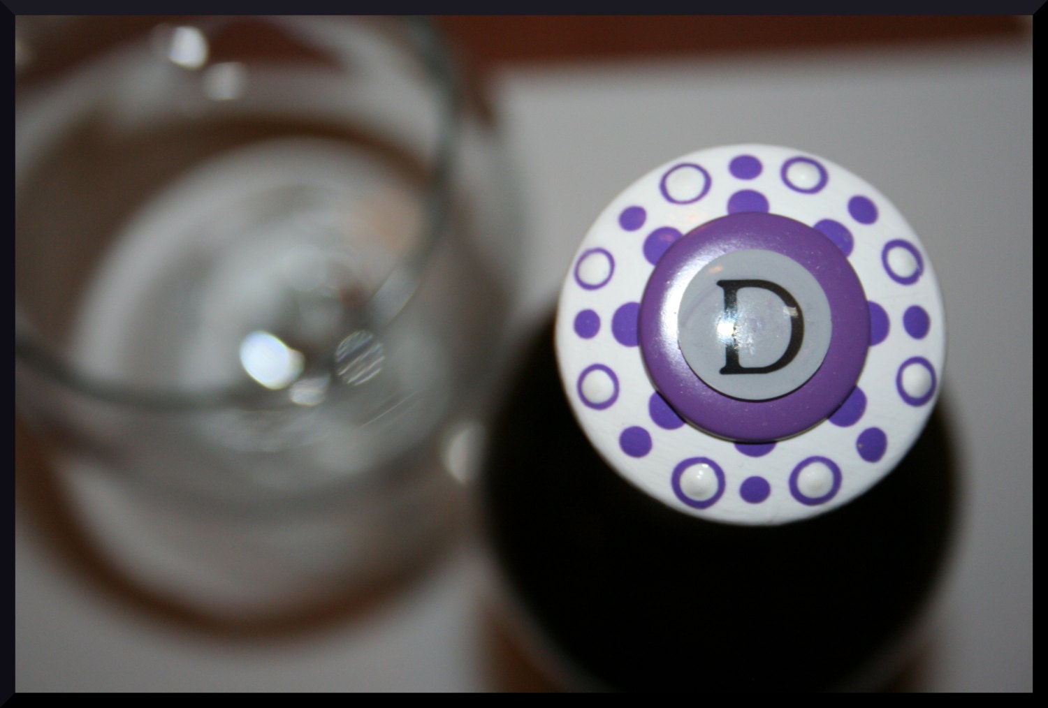 White Purple Polka Dot Wine Stopper- Your Choose Your Letter