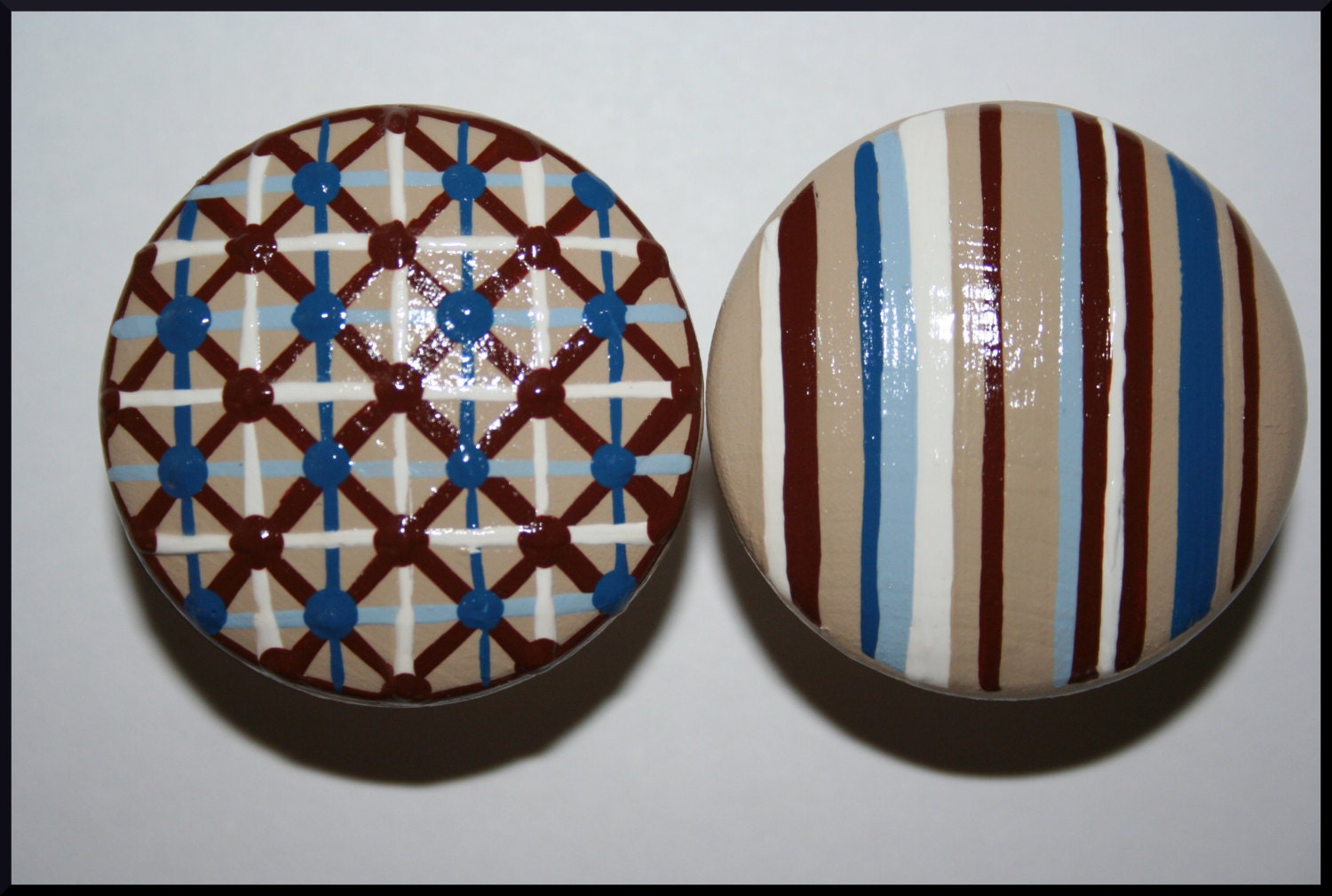 Plaid and Striped Brown, White and Blue Furniture Knobs
