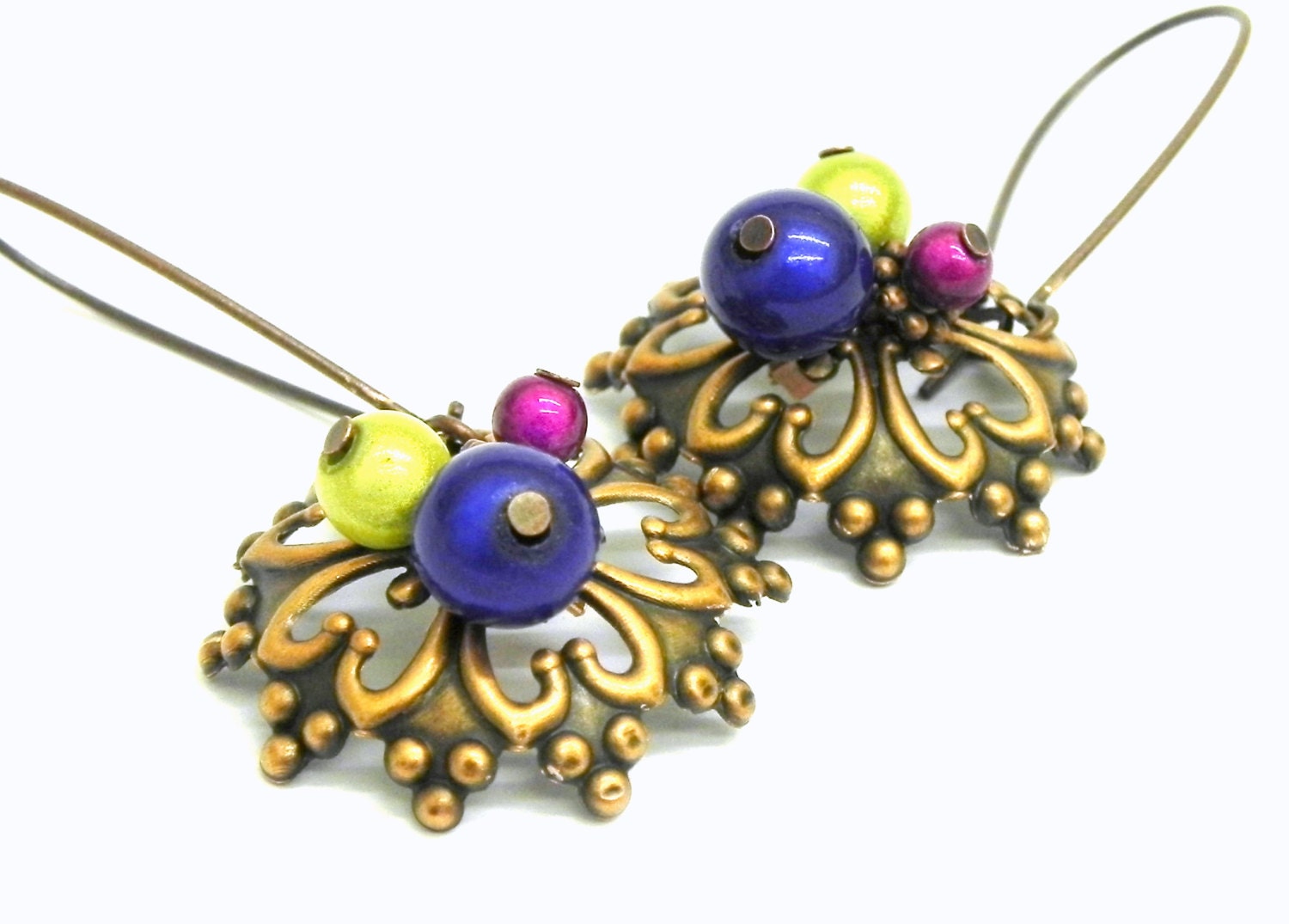20% off Spring Sale - Copper Filigree Earrings - Colorful Miracle beads