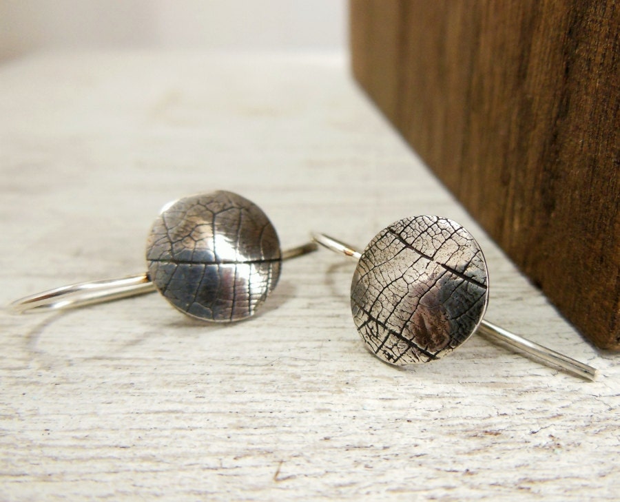 Fine Silver Drop Earrings- Leaf imprinted Dangle Earrings- Hook Style Drop Dots