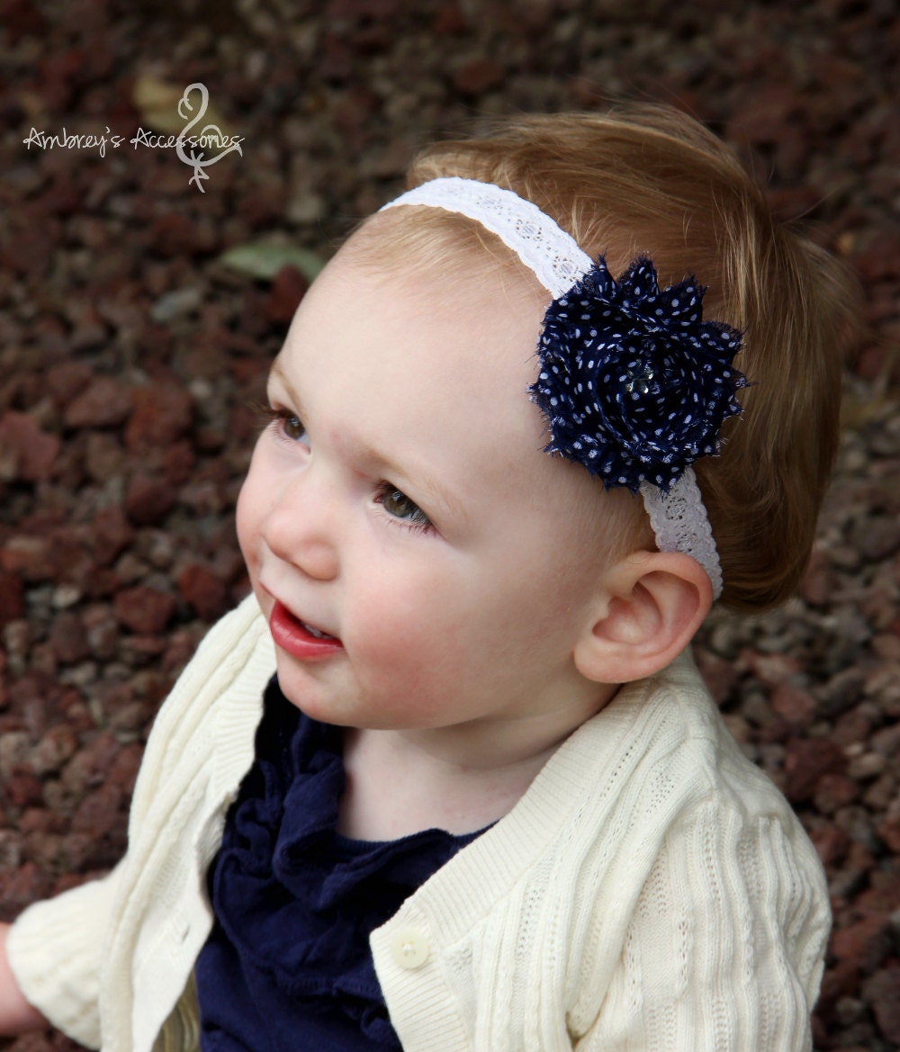 Navy Dot Shabby Fabric Flower, Interchangeable Snap Accessory