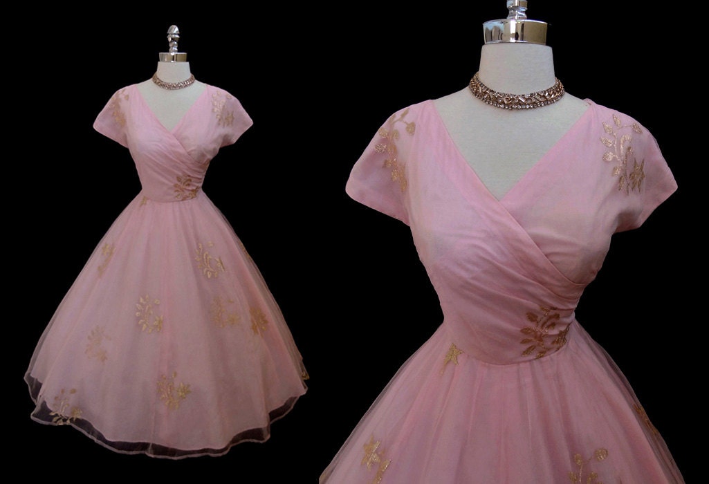 Vintage 1950s 50s Pink Organza Metallic Gold Lamé Cocktail Party Dress M