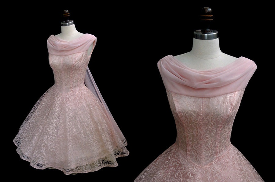 Vintage 1950's 50's Pink Lace Chiffon Draped Cocktail Party Prom Dress S