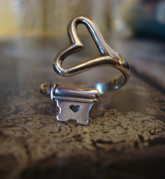 Steampunk Key Heart Ring, Vintage Style Skeleton Key, Sterling Silver Finish, You Choose Light Oxidation Or Shine