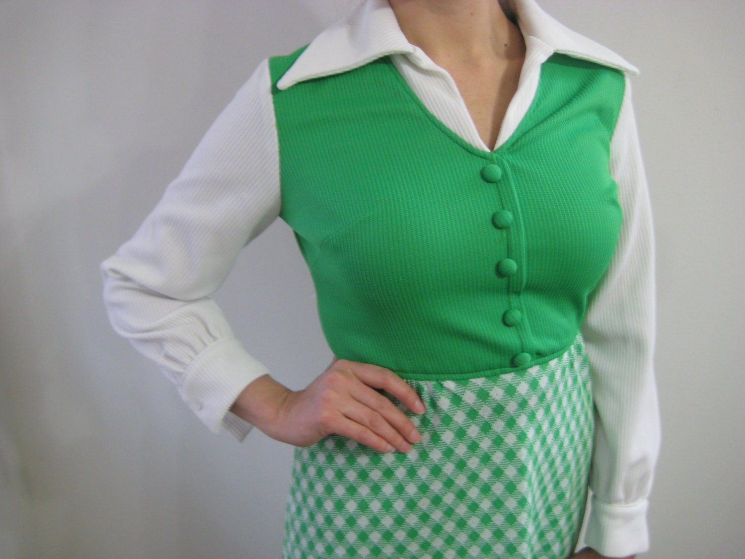 REDUCED PRICE 1970s GROOVY Green and White Plaid  Maxi Dress sm/m