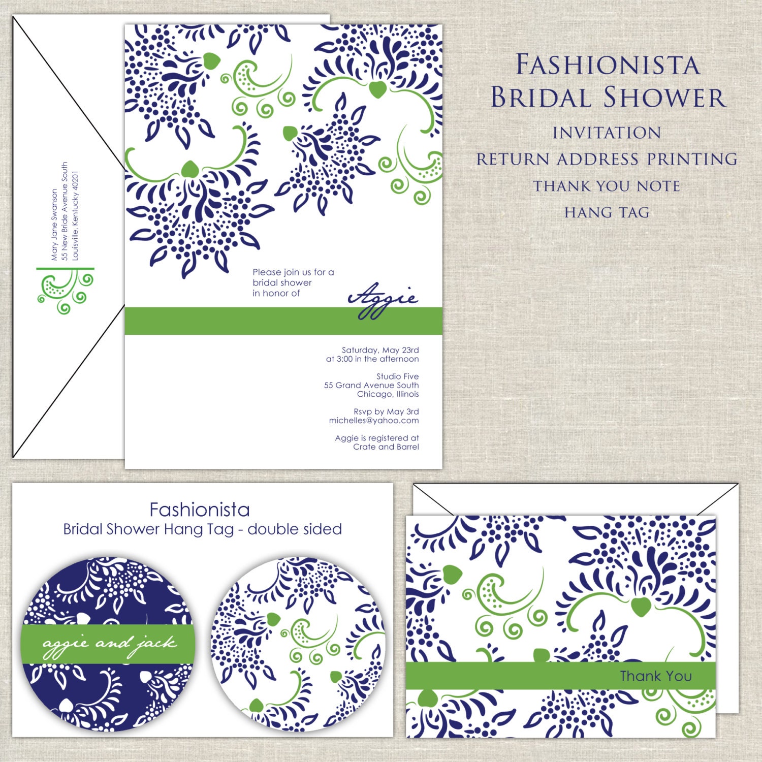 Bridal Shower Fashionista in Navy Blue and Kelly Green Il_570xn