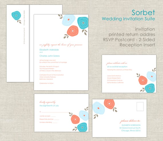 Coral & Teal Wedding Invitations, Wedding Invites, Turquoise Wedding Invitation, Rannicculus Flowers, Simple, Calligraphy Script, Blue Il_570xn