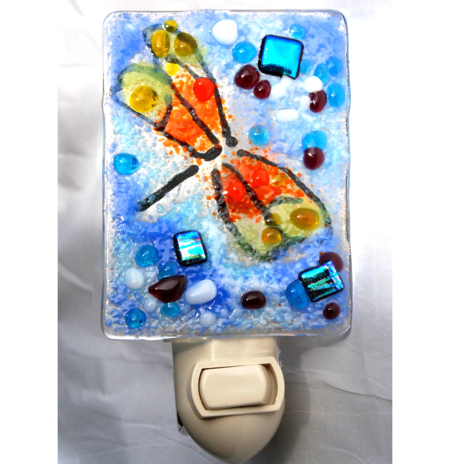 Night Light dragonfly Fused Glass wall light Pumpkin orange and blue