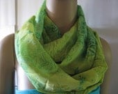 Infinity Scarf Green with Turquoise Silky Print Womens Fashion