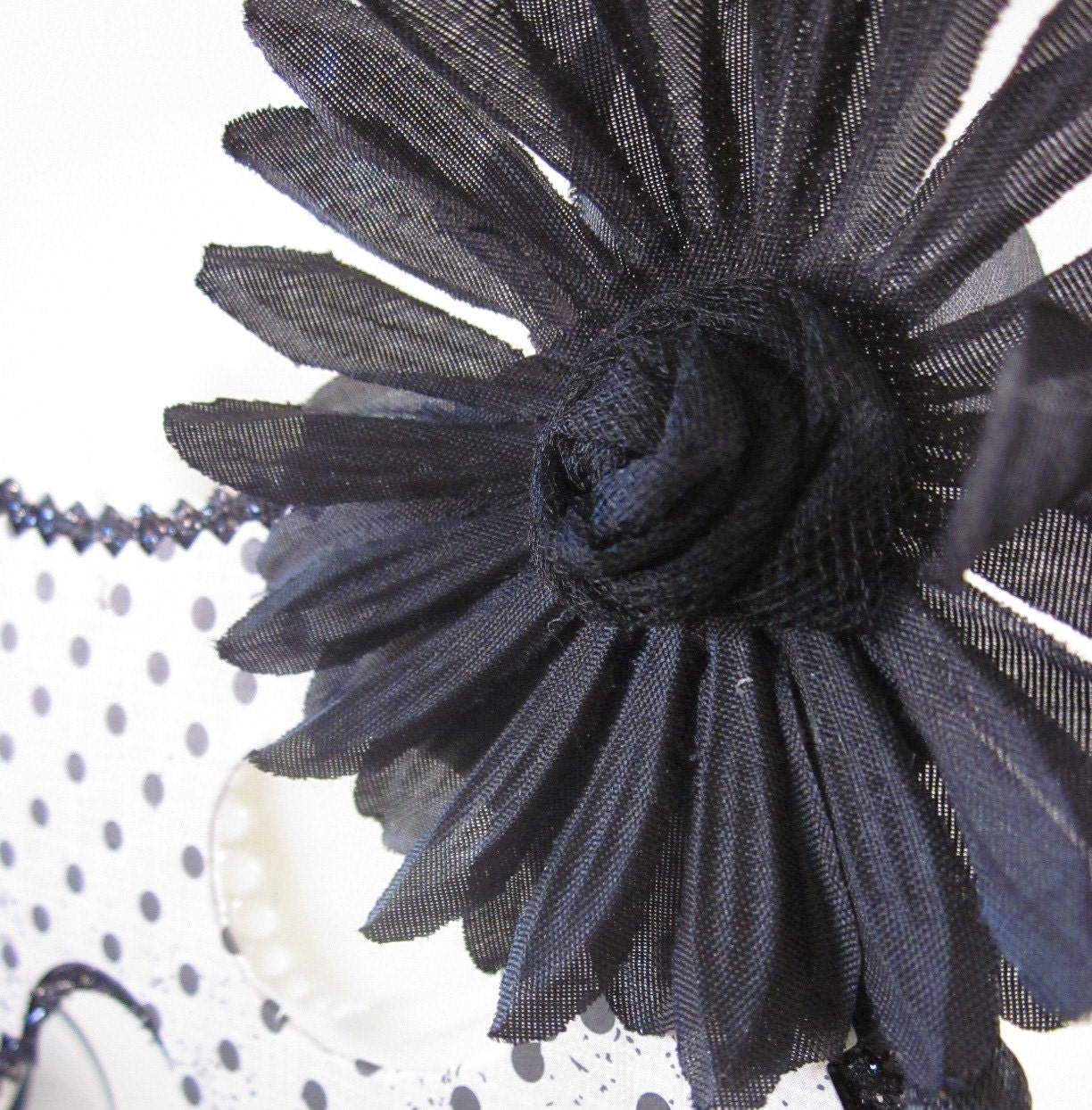 Retro Black and White Polka Dot Mask with Skull and Crossbones and a Large Flower Accent Costume