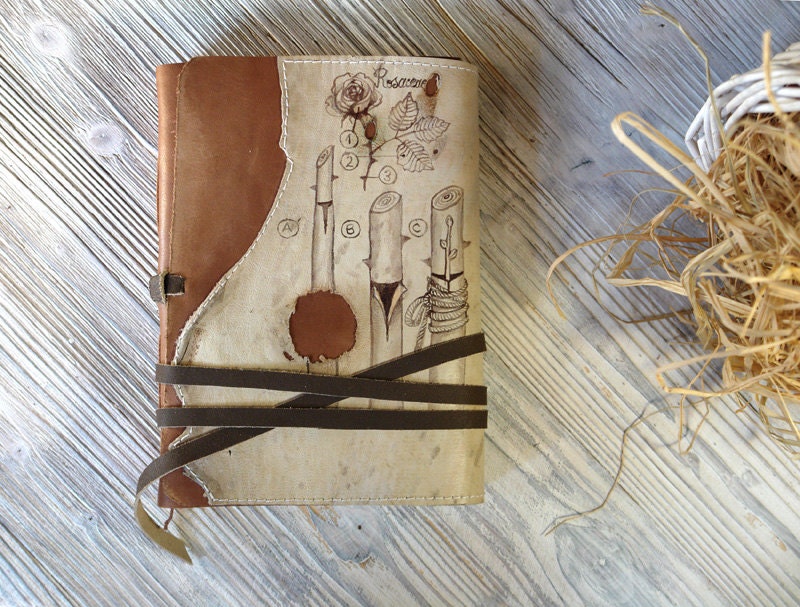 Leather Journal - Vintage Style Botanic Diary - Rustic Brown Leather Cover Notebook - Hand Painted, Old Paper Pages