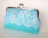 Primavera Silk And Chantilly Lace Clutch-Tiffany Blue/White-Wedding Clutch-Lace Clutch-Bridal Clutch-Bags And Purses