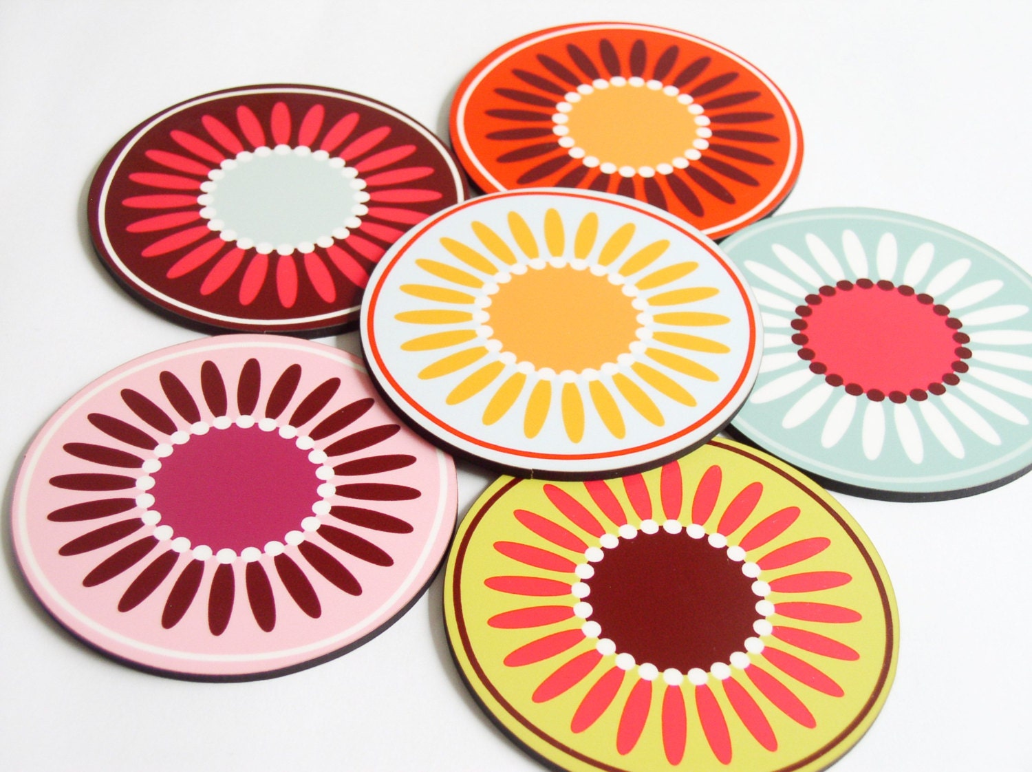 Coaster set retro neon bright flowers set of 6 round drink coasters hostess housewarming kitchen  gift idea under 25