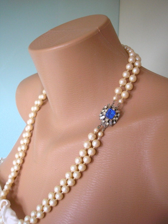 Backdrop Necklace, Pearl Bridal Necklace, Bridal Backdrop, Sapphire Rhinestone Necklace, Vintage Bridal, Wedding Jewelry, Blue Rhinestones