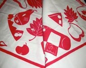 Kitschy Vintage Mid Century Cotton Printed NOVELTY Kitchen Tablecloth with Red FISH, Strawberries, Fruits & Veggies, Bottle of Wine